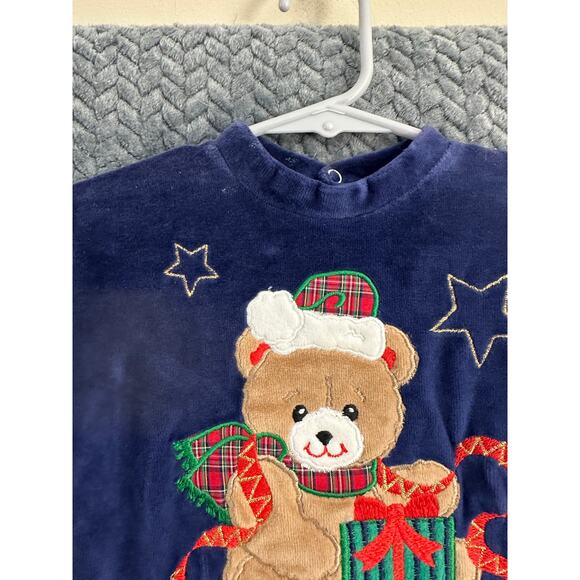 Vintage NWT Little Me Christmas Velour Romper 3m Navy Bear - Picture 5 of 8